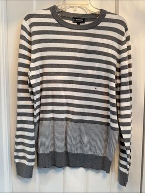 Express Men’s Gray and White Striped Crew Sweater